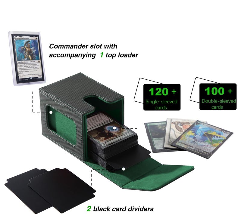 Venssu MTG Deck Box for Commander Display Card Deck Box Fits 100 Double Sleeved Cards  Deck Box TCG with 2 Dividers and 1 Toploader (Black&Green) - Image 3